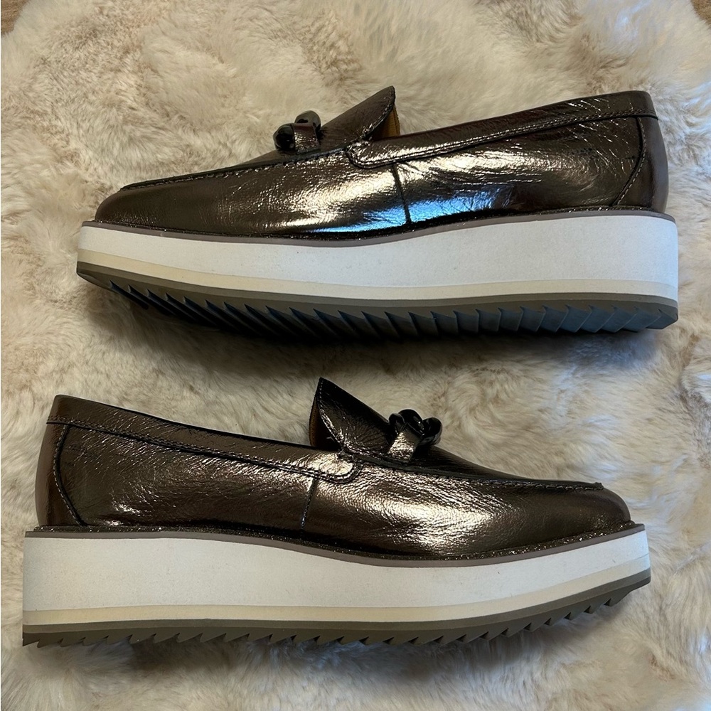 Johnston & Murphy Bronze Metallic Leather Loafers with Chain Detail